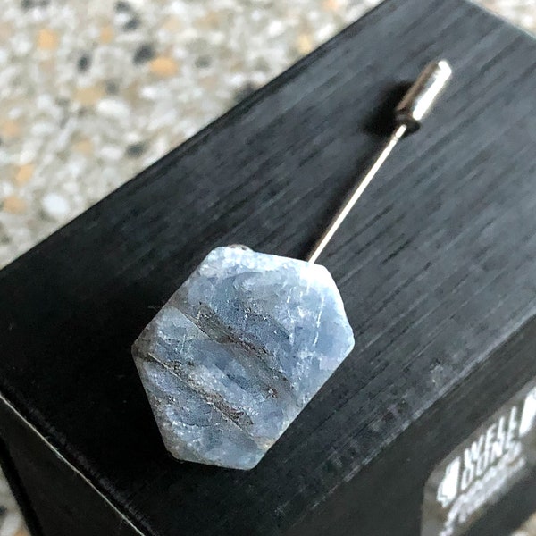 Raw Sapphire Lapel Pin. Something blue wedding; raw corundum, rough stone stick pin. September birthstone husband gift, 5th Anniversary men