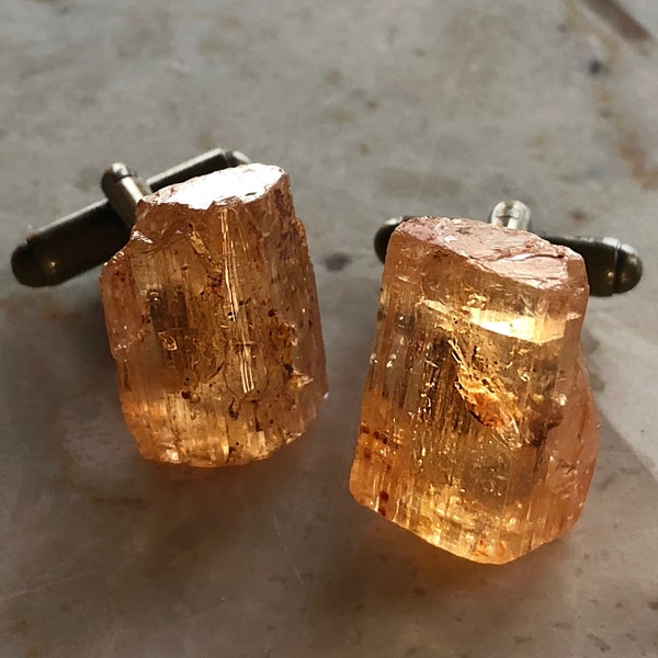 Topaz Cufflinks. RARE Raw Imperial Topaz Crystal Cuff Links. 23rd Wedding Anniversary Gemstone, November birthday men, Scorpio, Sagittarius