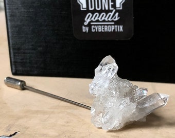 Quartz Crystal Lapel Pin, Arkansas quartz cluster brooch pin. Raw gemstone stick pin, scarf pin, April birthstone for him, wedding suit pin