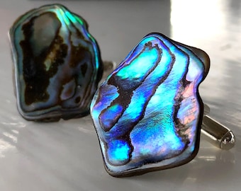 Iridescent Abalone Shell Cufflinks. Freeform shape, opalescent New Zealand Paua, beach wedding cufflinks. Cufflinks for groom, gift for him