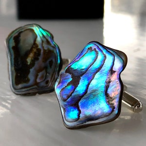 Iridescent Abalone Shell Cufflinks. Freeform shape, opalescent New Zealand Paua, beach wedding cufflinks. Cufflinks for groom, gift for him