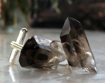 Smoky Quartz Cufflinks. Quartz crystal point cufflinks, Goth fashion, raw stone, dark wedding cufflinks. Gift for husband, 15th anniversary