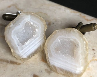 Sparkly White Druzy Agate Cufflinks; Tabasco geode. Wedding cufflinks, agate geode stone cufflinks. Gift for groom, husband, geologist grad