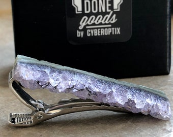 Amethyst Crystal Tie Clip. Amethyst Geode Slice Tie Bar. Rough gemstone tie clip, grooms tie bar, purple wedding, 6th Anniversary men gift