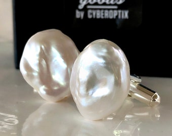 Baroque Pearl Cufflinks. Iridescent cream freshwater pearl cufflinks. Cultured coin pearl cuff links. 3rd Anniversary, June Birthstone men