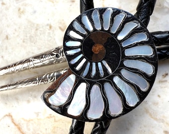 Ammonite Fossil Bolo Tie with Mother of Pearl Inlay. Rockabilly Western bola, southwest style, cowboy fashion, New Mexico, Texas wedding