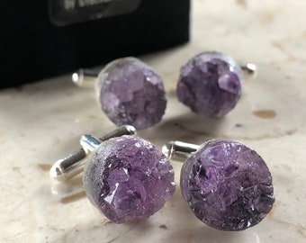 Round Amethyst Crystal Cufflinks. Amethyst Geode Slice, raw stone cufflinks, purple wedding cufflinks. February birthday gift men, boyfriend