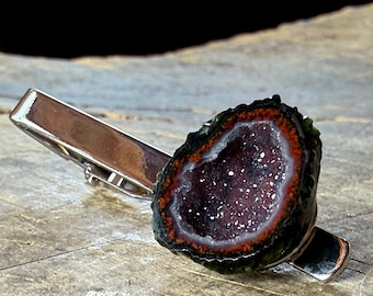 Amethyst Tie Clip. Red Moss Agate, Hematite Amethyst Tabasco Geode Tie Bar. Druzy Crystal Slice Necktie Accessory in Silver or Antique Brass