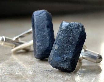 Dark Blue Sapphire Cufflinks. Raw Corundum Crystal Cuff Links. Something blue wedding men, September birthday men, 5th Anniversary for him