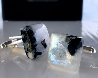 Rainbow Moonstone Cufflinks. Iridescent, flashy white labradorite & black tourmaline. Polished stone, mens black and white wedding cufflinks