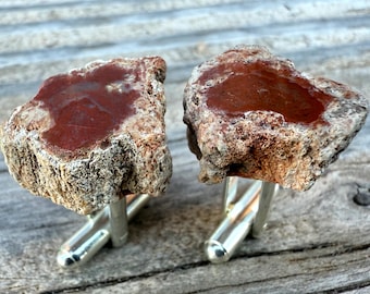 Red Petrified Wood Cufflinks. Live edge fossil tree cuff links. Gift for him - paleontology, geology, natural history, cufflink collector.