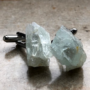 Raw Aquamarine Chunk Cufflinks, March birthday gift for him; Pisces, Aries. March birthstone, rough stone wedding cufflinks. Something blue