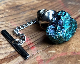 Peacock Ore Tie Tack, Chalcopyrite, raw crystal, stone tie pin. Geologist gift, peacock wedding men, for the groom. Husband gift, Dad gift
