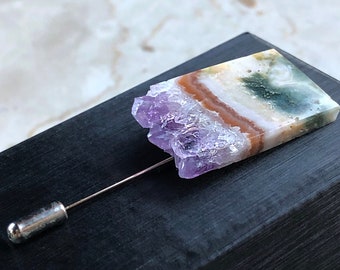 Geode Slice Brooch. Druzy Amethyst Agate Slice Lapel Pin, Polished Stone Hat Pin, Crystal Stick Pin, Scarf Pin, gift for her, gift for him