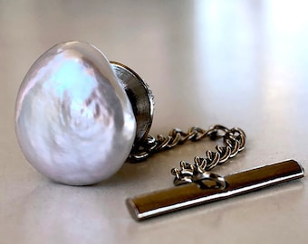 Pearl Tie Tack. Iridescent white, cream freshwater pearl tie pin, Father of The Bride, grooms wedding tie tack, 3rd Anniversary gift for him