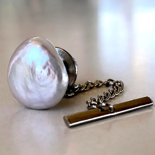 Pearl Tie Tack. Iridescent white, cream freshwater pearl tie pin, Father of The Bride, grooms wedding tie tack, 3rd Anniversary gift for him
