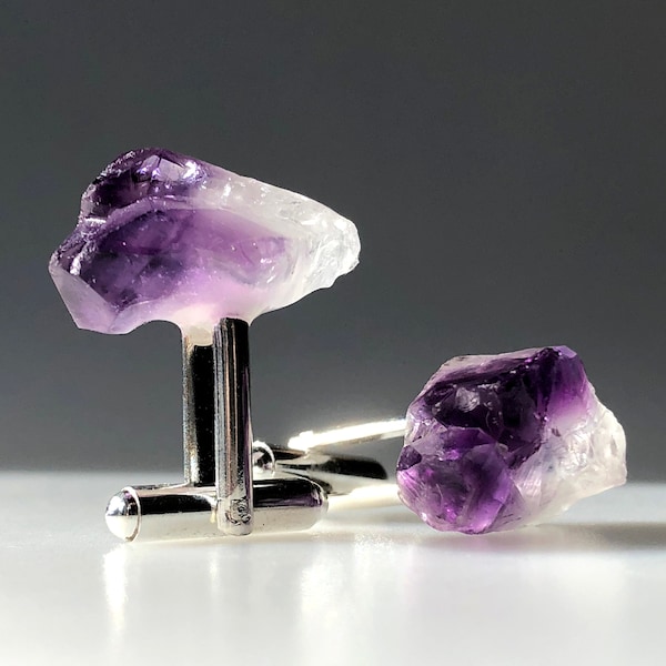 Deep Purple Amethyst Crystal Cufflinks. Uruguay Amethyst points, raw gemstone cuff links. February birthstone, cufflink collector, rockhound