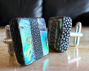 Stingray Leather & Iridescent Abalone Inlay Cufflinks. Opalescent New Zealand Paua shell, exotic hide cuff links. Creative black tie, formal