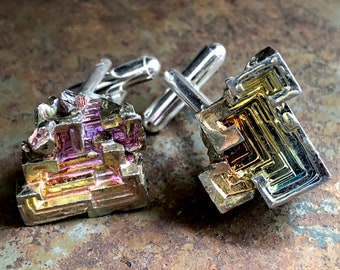 Bismuth crystal cufflinks. Rainbow cufflinks, bismuth jewelry for men. Geometric mens wedding cufflinks. Gift for best man, Grooms cufflinks