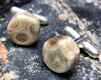 Petoskey Stone Cufflinks. Fossilized coral cufflinks, Northern Michigan wedding, groomsmen, gift for him, Dad gift, Up North, Father gift