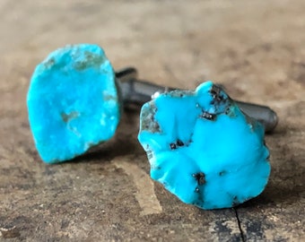 Turquoise Cufflinks, raw stone cufflinks. Natural, real Kingman Turquoise, December birthstone, mens gift. Something blue, wedding cufflinks