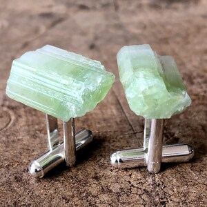 Green Tourmaline Cufflinks. Gemstone, raw stone cuff links. Father gift, October birthstone men, October birthday gift. Green wedding accent