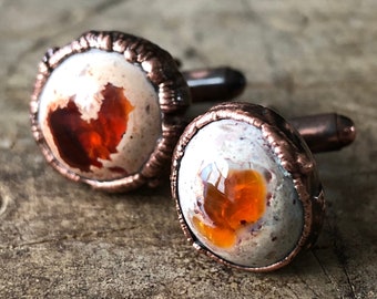 Fire Opal Cufflinks. Electroformed copper mens cufflinks. Deep red, Mexican jelly opal, orange wedding, October birthstone men, husband gift