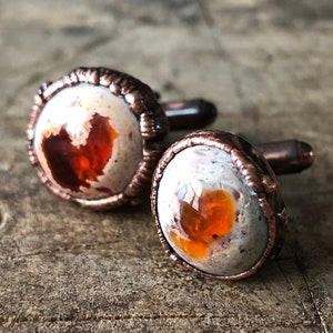 Fire Opal Cufflinks. Electroformed copper mens cufflinks. Deep red, Mexican jelly opal, orange wedding, October birthstone men, husband gift