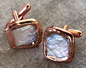 Iridescent White Freshwater Pearl Cufflinks. Copper Bezel, Electroformed Cultured coin pearl cuff links. Cool, unique mens wedding cufflinks