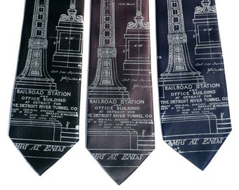 Michigan Central Tie. Detroit Train Station Ironwork Necktie. Michigan Central Station blueprint necktie. Silkscreen printed men's tie