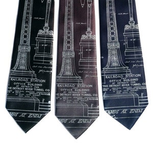 Michigan Central Tie. Detroit Train Station Ironwork Necktie. Michigan Central Station blueprint necktie. Silkscreen printed men's tie