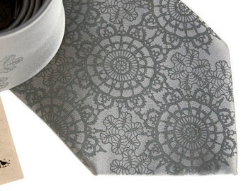 Doily Lace Tie. Wedding tie for groom. Cottage Lace, grey tone on tone, silver silk necktie, or customize! Mens wedding tie, mens ties sets