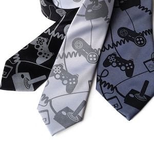 Joystick necktie. Video game controller tie. Geek chic gamer gift. Control Freak, gaming console screen printed tie. black on silver