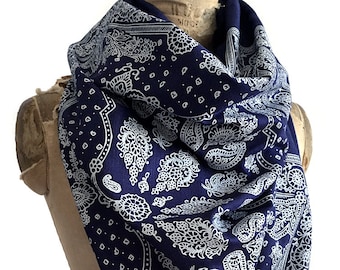 Bandana Print scarf. Paisley bandanna pashmina. Silkscreened bamboo pashmina scarf; choose blue, red, black & more. Western inspired gift
