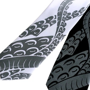 Squid Necktie. octopus Tentacle print tie. Sucker screen printed men's necktie. Choose black or white tie; skinny, narrow or standard size.