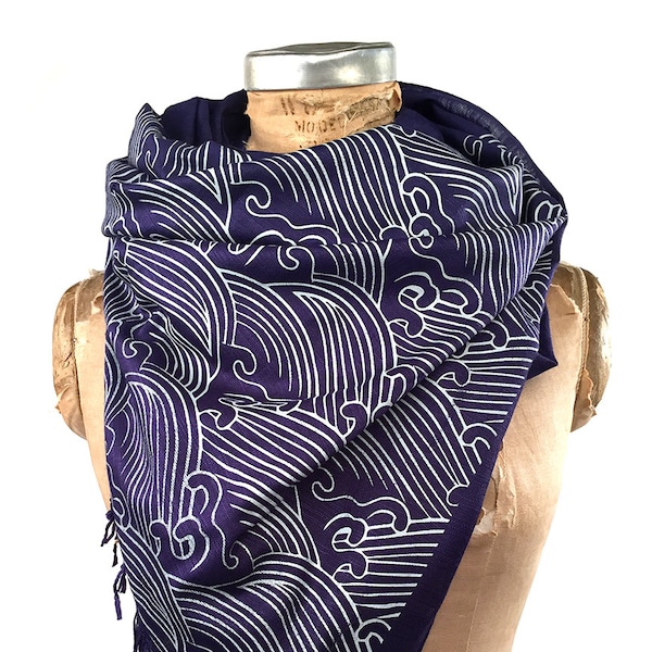 Wave Motif scarf. Japanese inspired, Crashing Waves pashmina. Gift for her, mom, silkscreened pashmina scarf; choose navy blue, cream & more
