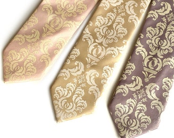 Wedding necktie. Damask Print men's tie. Groomsmen neckties, grooms tie. Groomsman gift. Elegant, neutral shades. Rustic, romantic ceremony