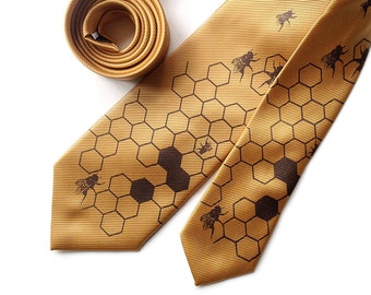 Bee gifts: Honeybee necktie. Bee tie, Honeycomb, bees, silkscreen print, woven mens vegan tie. Personalized color, honey gold tie & more!