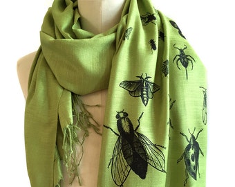 Insect Scarf. Bug print pashmina, linen weave. Black silkscreen print on margarita green scarf & more. Entomologist, natural history gift.