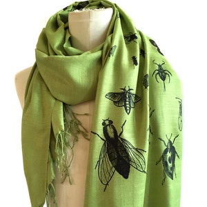 Insect Scarf. Bug print pashmina, linen weave. Black silkscreen print on margarita green scarf & more. Entomologist, natural history gift. black on margarita