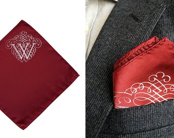 Filigree Initial pocket square, custom men's pocket silk. Customized gift for him, personalized silk wedding handkerchief. Choose letter A-Z