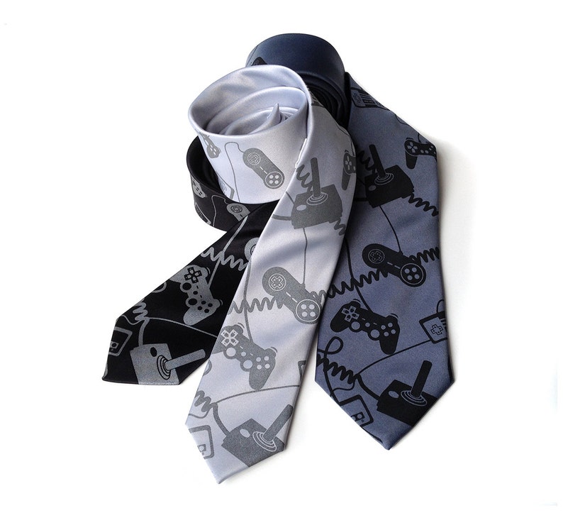 Video game tie. Game controller men's necktie. Geek chic gaming gift. Control Freak, console joystick silkscreen tie. image 3