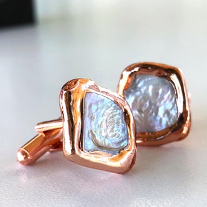 Iridescent White Freshwater Pearl Cufflinks. Copper Bezel, Electroformed Cultured coin pearl cuff links. Cool, unique mens wedding cufflinks image 8