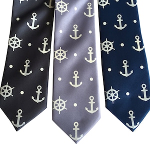 Anchor Necktie. Anchor & Ship's Wheel Blue Nautical Tie. Hand printed men's tie, coastal nautical wedding, seaside wedding. Preppy tie. platinum on steel