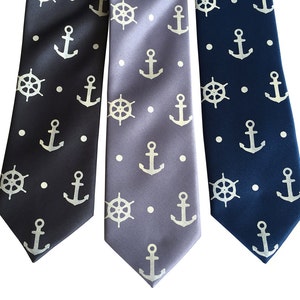 Anchor Necktie. Anchor & Ship&#39;s Wheel Blue Nautical Tie. Hand printed men&#39;s tie, coastal nautical wedding, seaside wedding. Preppy tie.