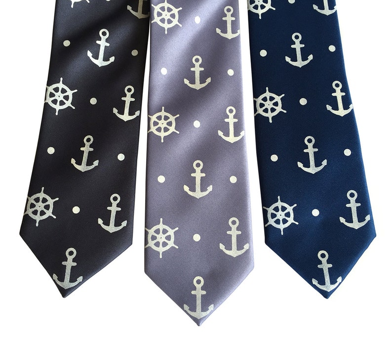 Anchor Necktie. Anchor & Ship's Wheel Blue Nautical Tie. Hand printed men's tie, coastal nautical wedding, seaside wedding. Preppy tie. platinum on steel