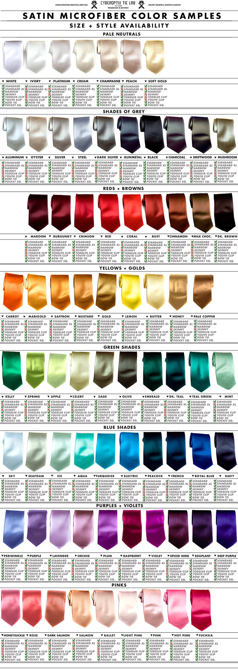 Op de afbeelding: Een kleurenkaart met satijnen microvezel stropdas samples. De kaart toont een verscheidenheid aan kleuren, waaronder wit, ivoor, platina, cr&egrave;me, champagne, perzik, zacht goud, aluminium, oester, zilver, staal, donkergrijs, gunmetal, zwart, houtskool, drijfhout, paddenstoel, wijnrood, bordeauxrood, scharlakenrood, rood, koraal, roest, kaneel, melkchocolade, donkerbruin, wortel, goudsbloem, saffraan, mosterd, goud, citroen, boter, honing, licht koper, kellygroen, lente, appel, selderij, salie, olijf, smaragd, donkerblauw, teal groen, munt, hemelsblauw, schuim, ijs, aqua, turquoise, elektrisch, pauw, Frans, koninklijk blauw, marineblauw, periwinkle, paars, lavendel, orchidee, pruim, framboos, violet, rode wijn, aubergine, donkerpaars, kamperfoelie, roos, donker zalm, zalm, ballet, lichtroze, roze, felroze en fuchsia.