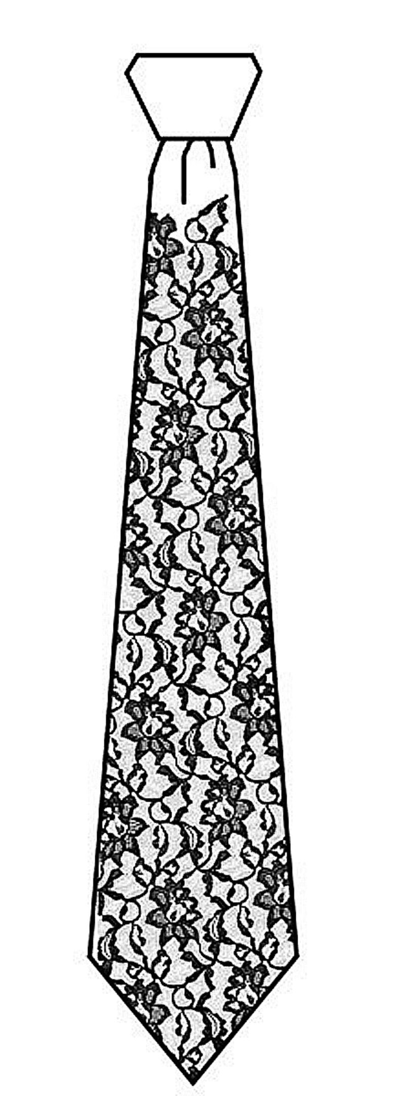 May include: A black and white tie with a floral lace pattern.