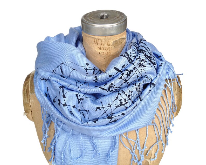 Milky Way Galaxy celestial scarf. Navy blue pashmina. Constellation design, ice blue print on navy and more. For men or women. image 7