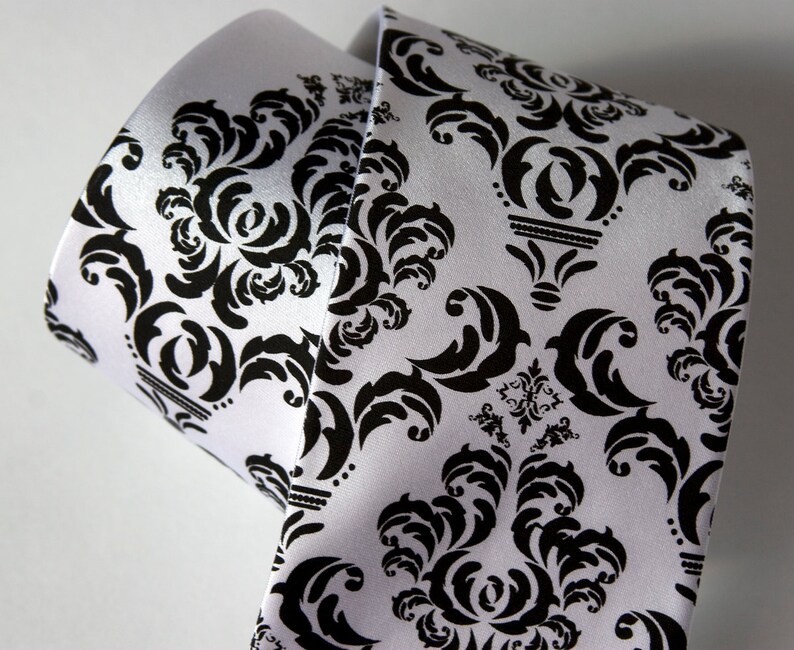 Damask Tie. Classic filigree wedding necktie. Elegant black and white damask groom's tie. Wedding ties floral, tie for groomsmen, best man image 2